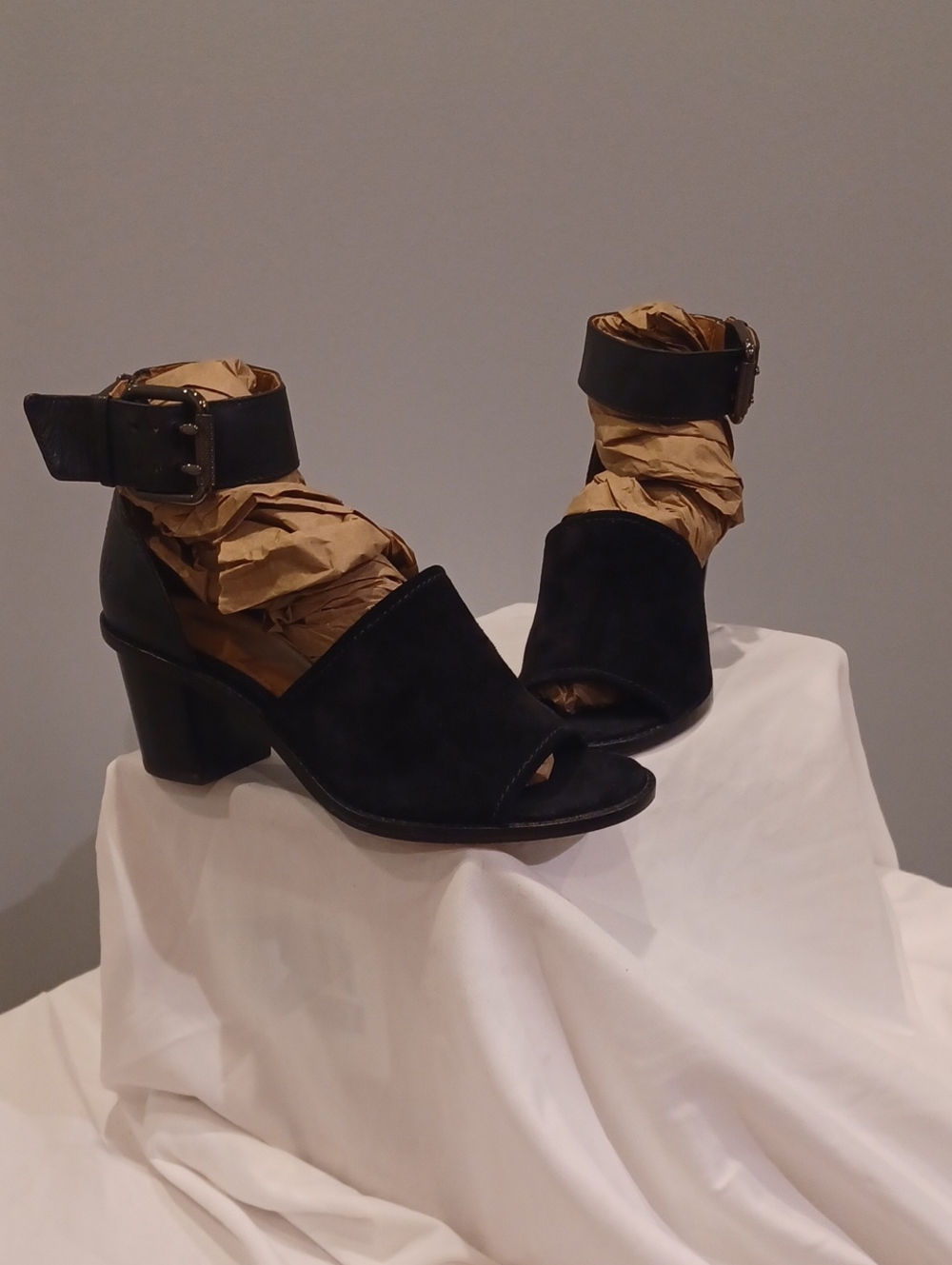 Frye Black Suede Open-Toe Ankle Strap Block Heels